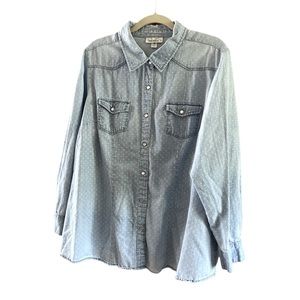 DressBarn Women’s lightweight denim button down blouse with white polka …